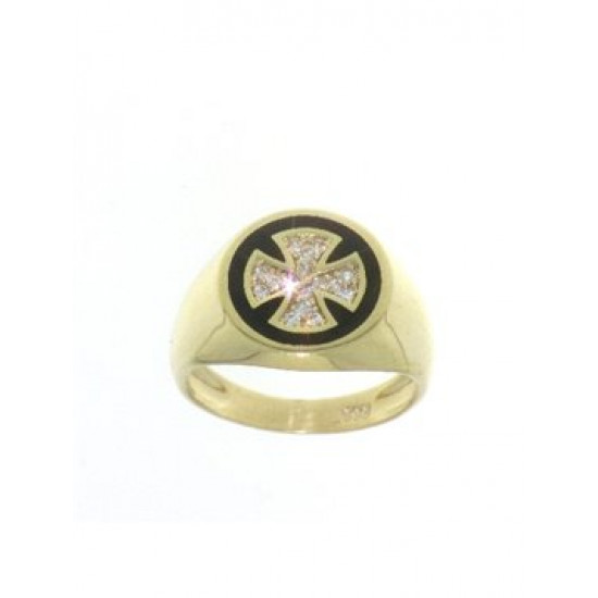 Yellow gold cross ring with black enamel k14